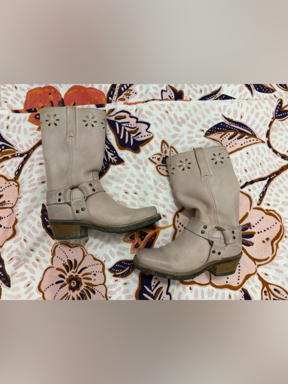 Frye Vintage Harness Flower Boots Womens 7 Pink Moto Square Toe Western